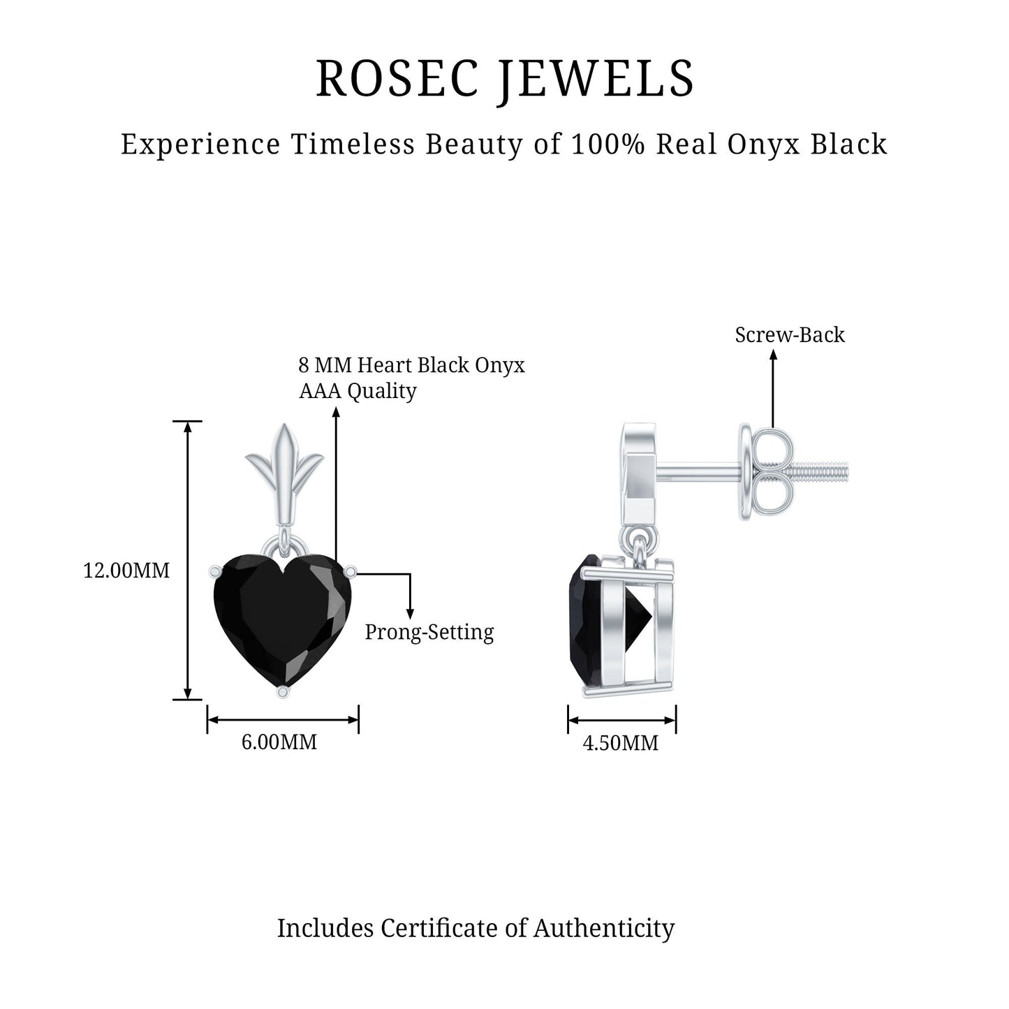 4.2 Carat Solitaire Black Onyx Heart Drop Earrings