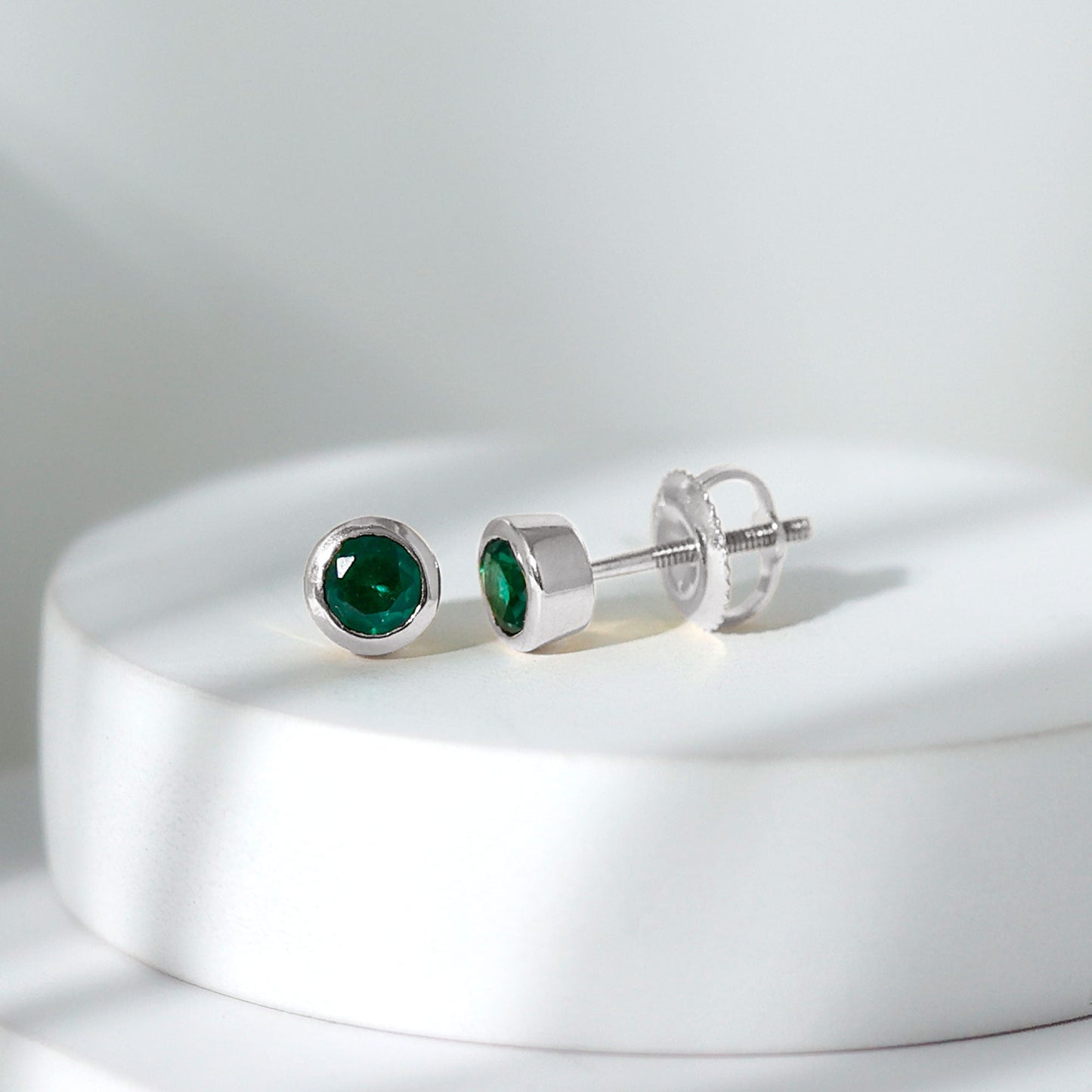 Certified Lab Created Emerald Stud Earrings in Bezel Setting