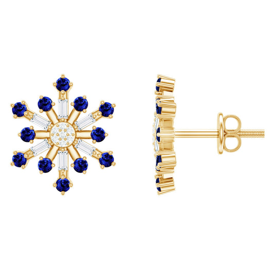 Lab Grown Blue Sapphire and Diamond Snowflake Stud Earrings