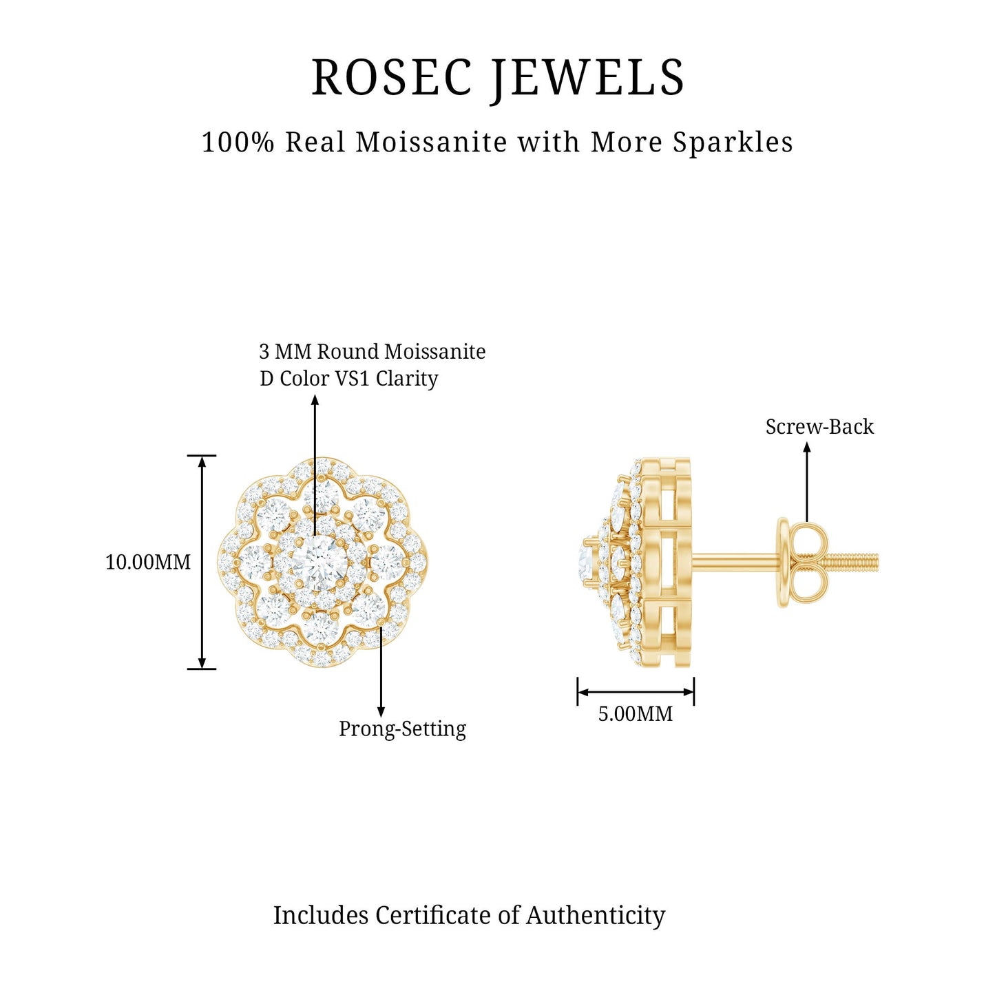 Certified Moissanite Big Flower Stud Earrings