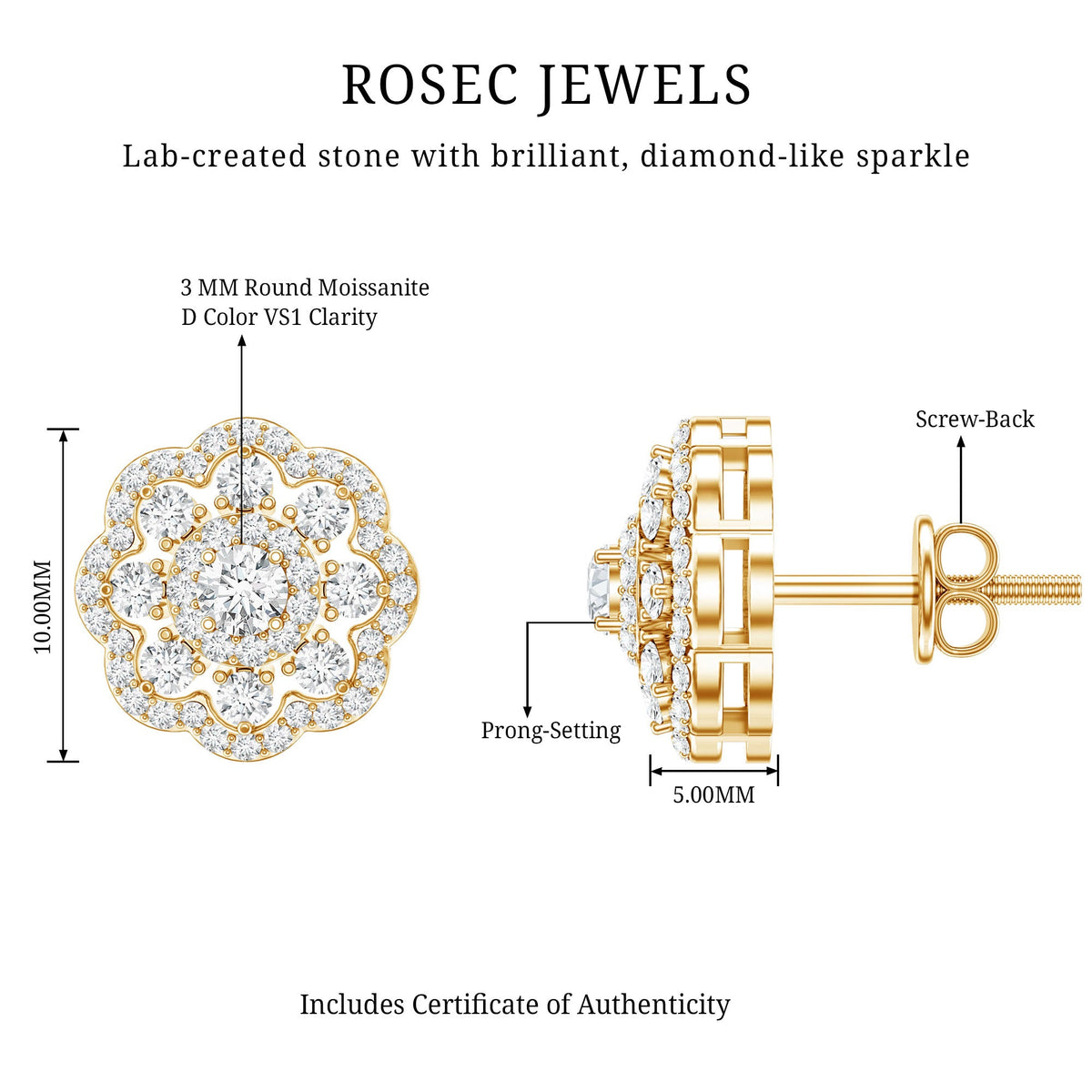 Certified Moissanite Big Flower Stud Earrings