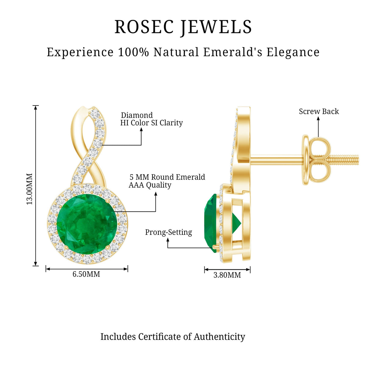Genuine Emerald and Diamond Infinity Stud Earrings