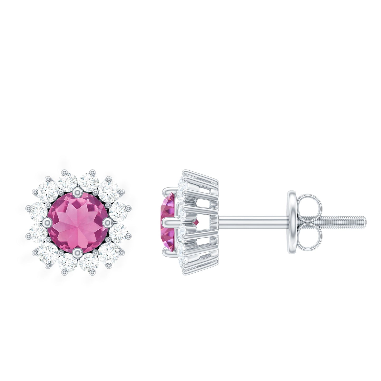 Natural Pink Tourmaline Stud Earrings with Diamond Halo
