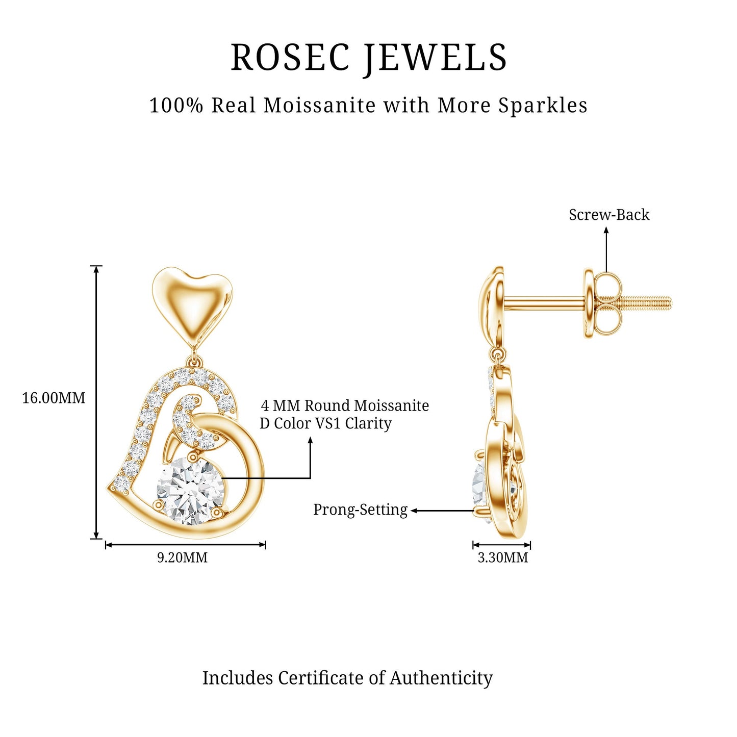 0.6 Carat Moissanite Heart Drop Earrings for Women