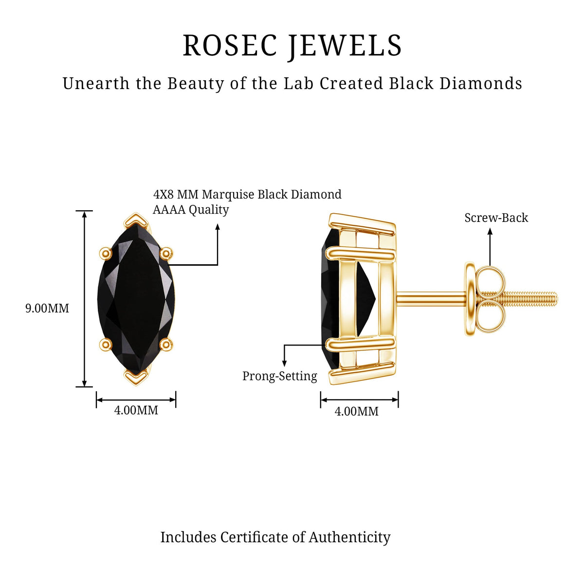1.68 Carat Marquise Cut Lab Grown Black Diamond Stud Earrings