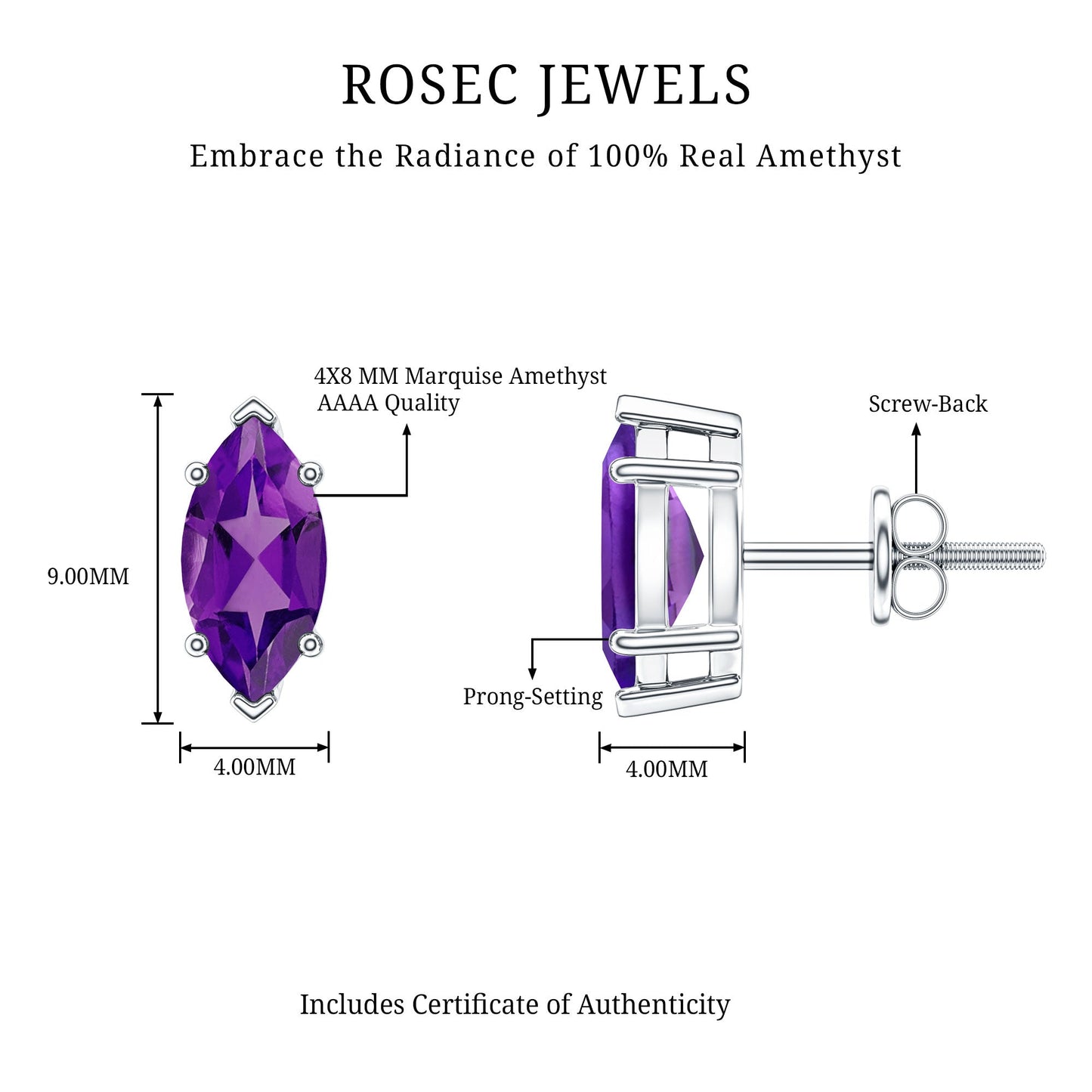 1.48 Carat Marquise Cut Amethyst Solitaire Stud Earrings