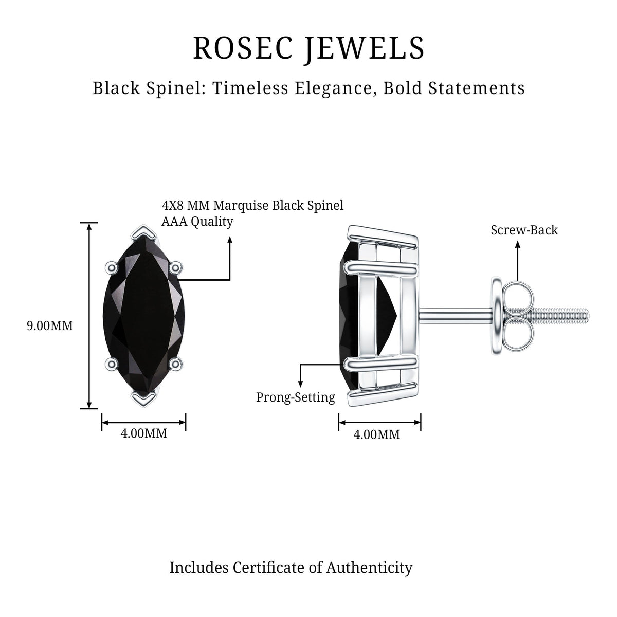 1.4 CT Marquise Black Spinel Solitaire Stud Earrings