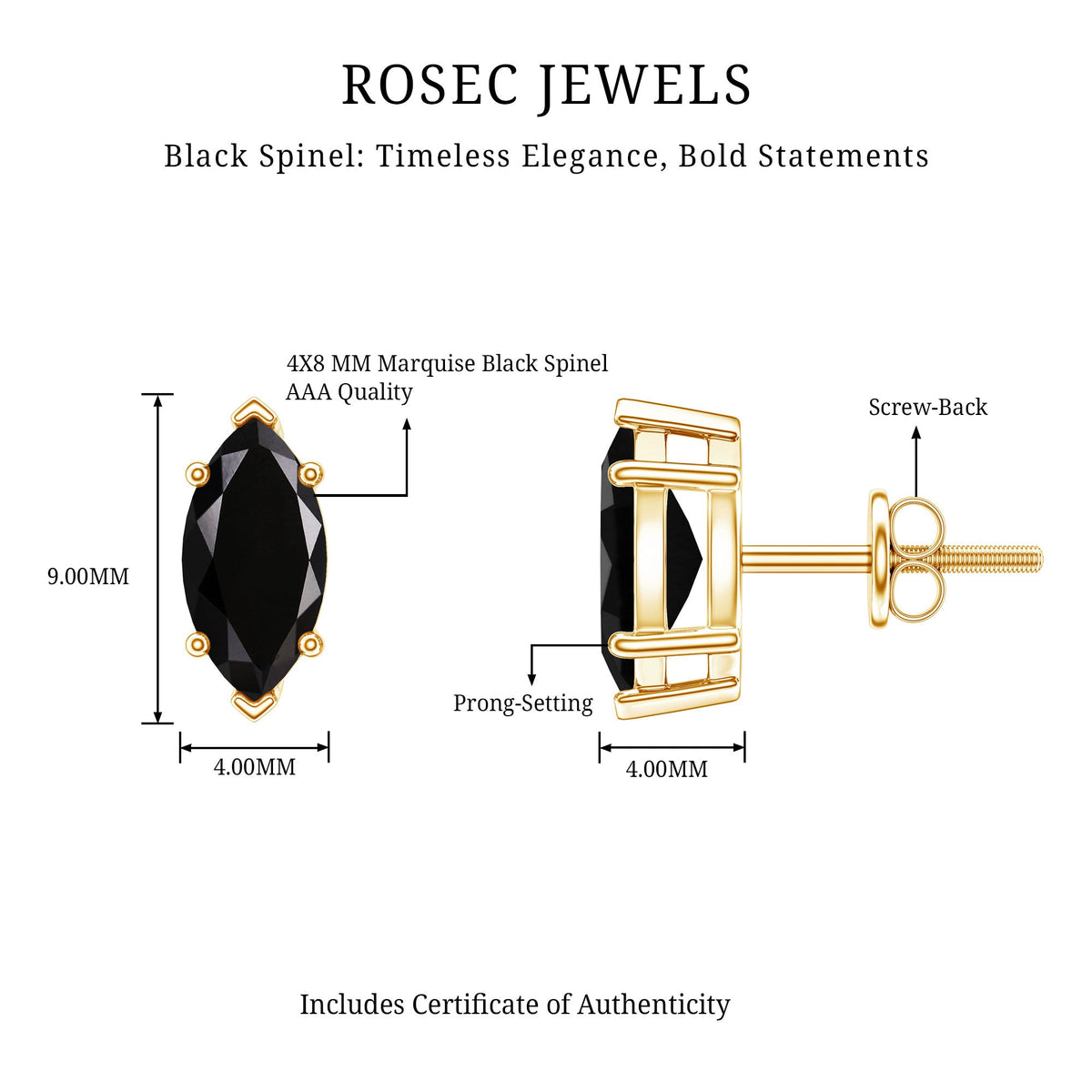 1.4 CT Marquise Black Spinel Solitaire Stud Earrings