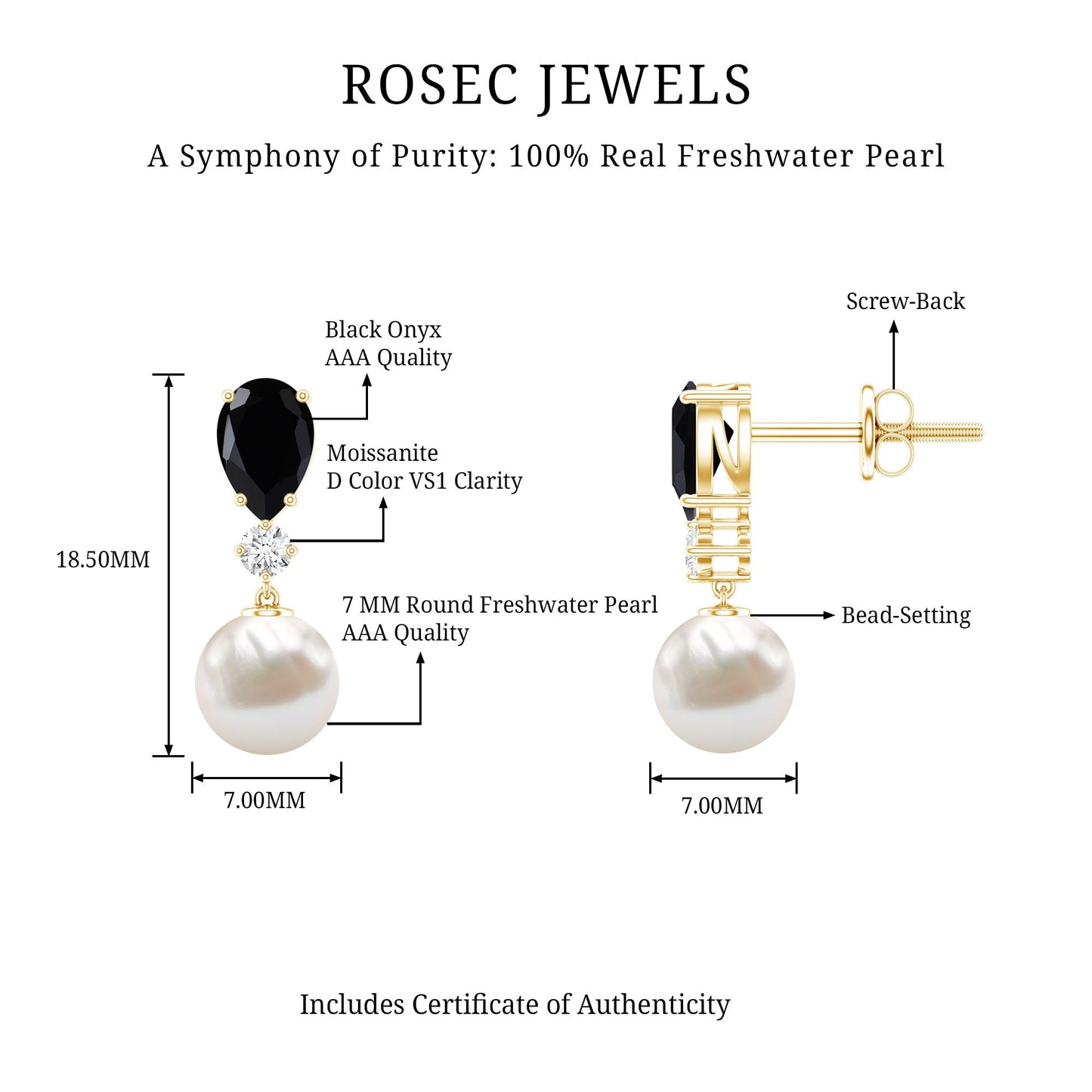 6 Carat Freshwater Pearl Drop Earrings with Black Onyx