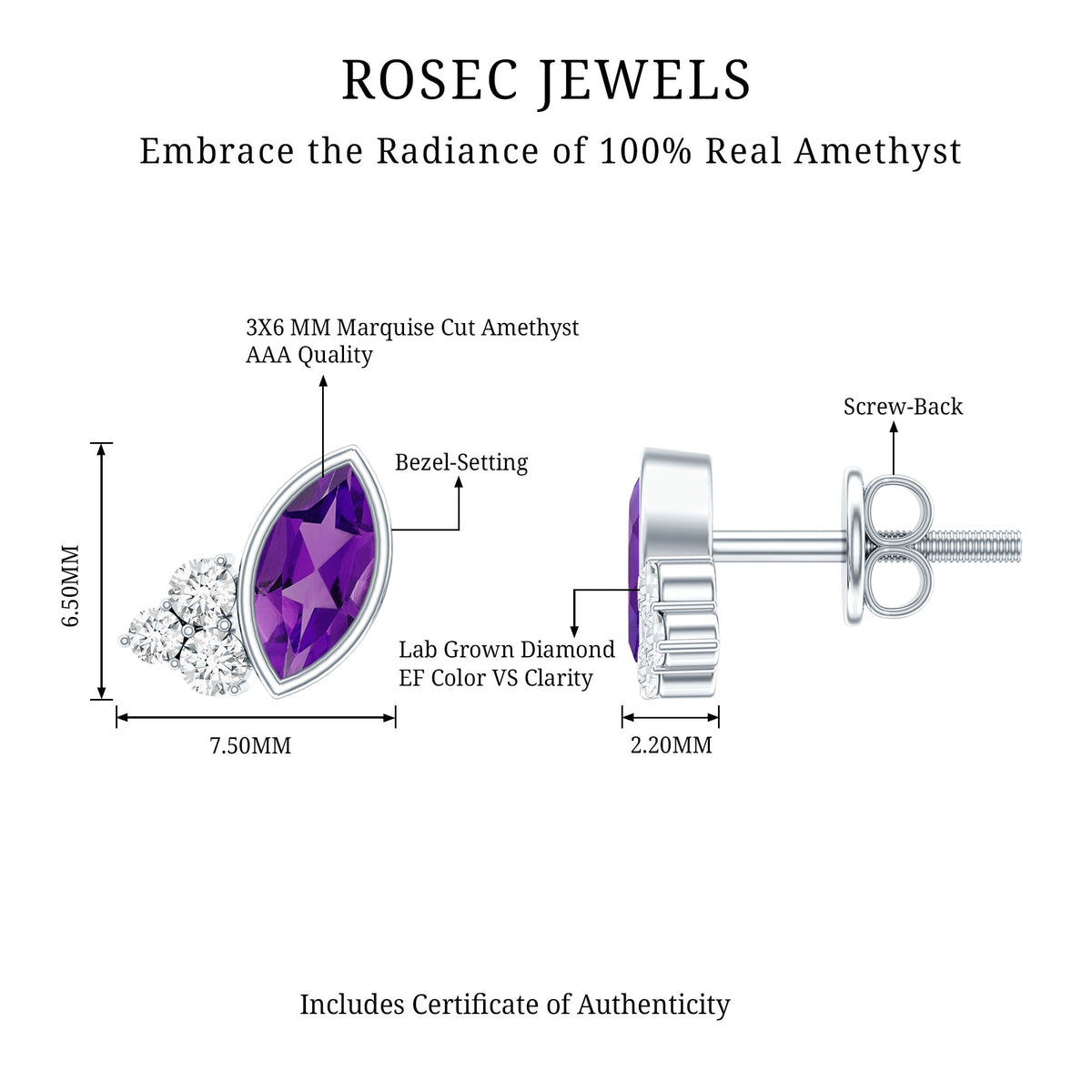 Marquise Cut Amethyst Stud Earrings with Diamond in Sterling Silver