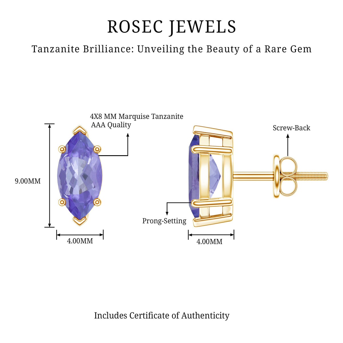 1.3 Carat Marquise Cut Tanzanite Solitaire Stud Earrings