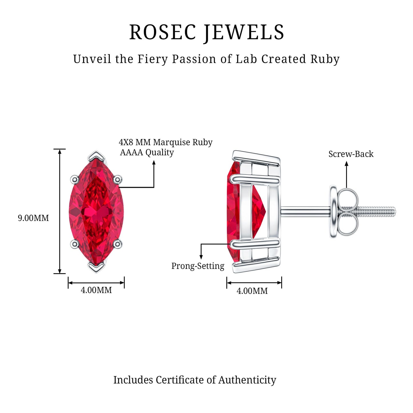 Certified Marquise Cut Lab Grown Ruby Everyday Stud Earring