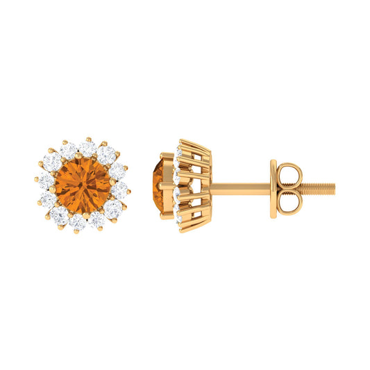 1 Carat Classic Yellow Citrine and Diamond Halo Stud Earrings