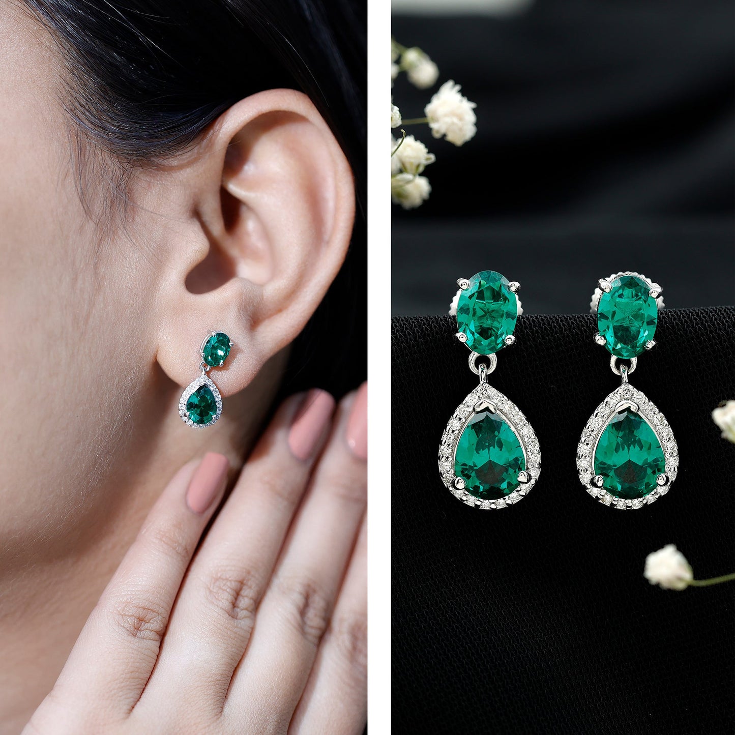 Lab Created Emerald and Diamond Bridal Drop Earrings with Certificate