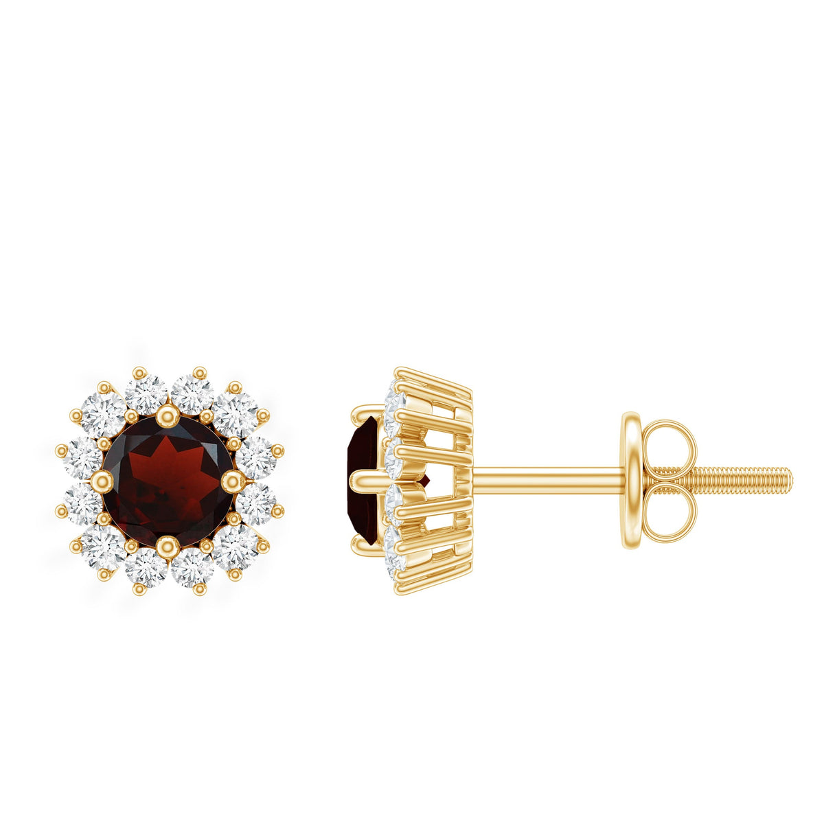 Genuine Garnet and Diamond Halo Stud Earrings