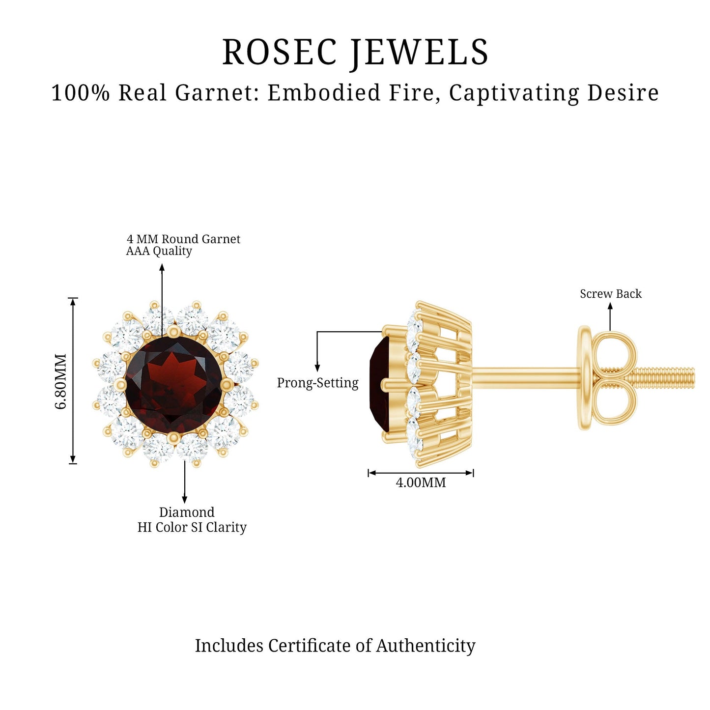Genuine Garnet and Diamond Halo Stud Earrings