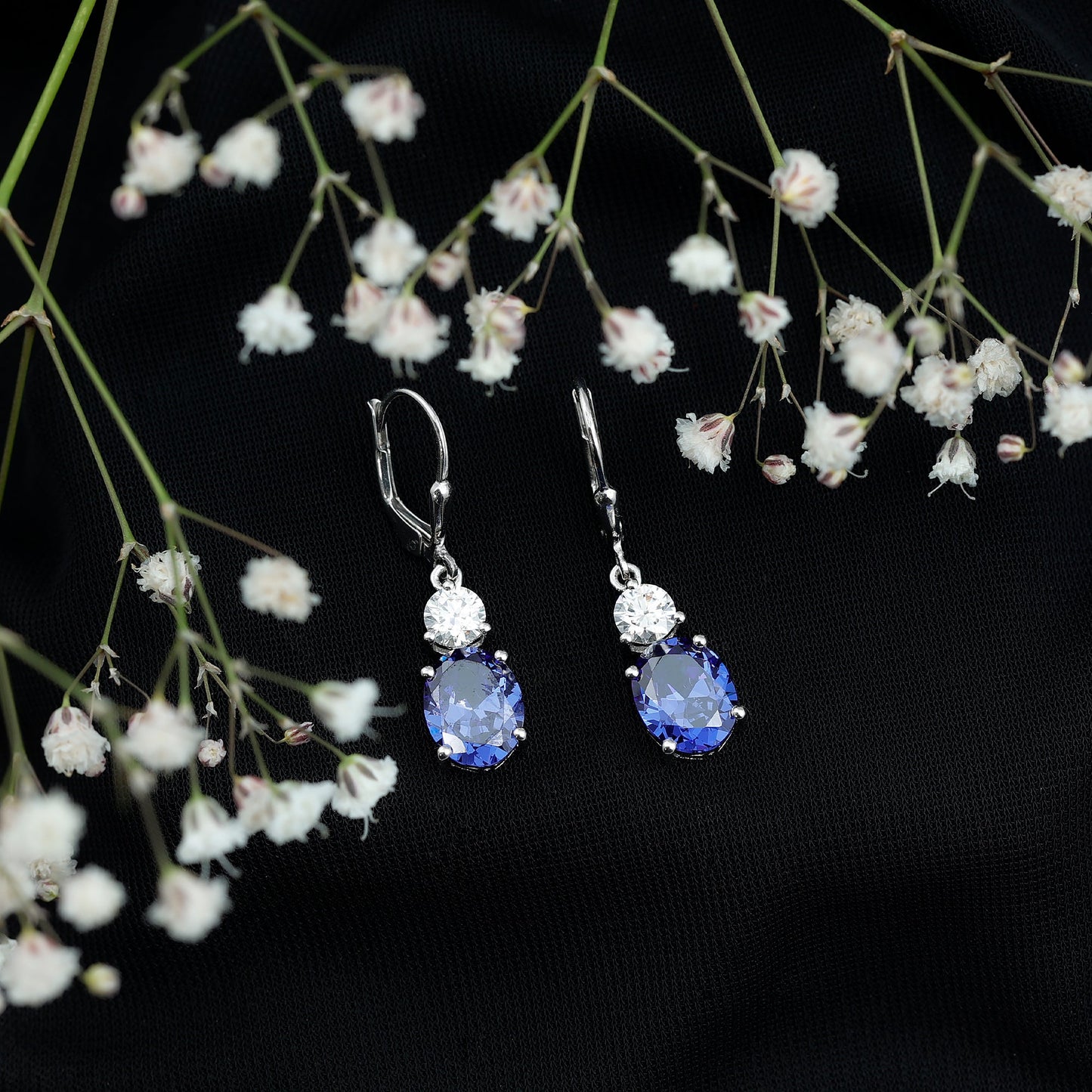 Certified Lab Grown Blue Sapphire and Moissanite Drop Dangle Earrings