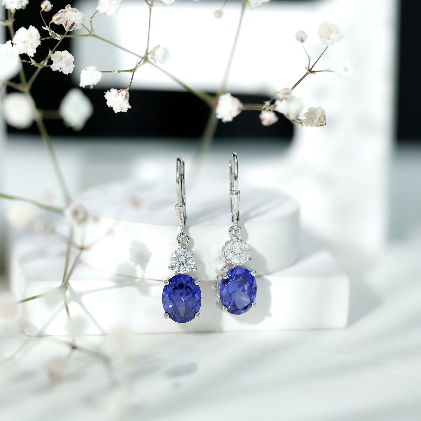 Certified Lab Grown Blue Sapphire and Moissanite Drop Dangle Earrings