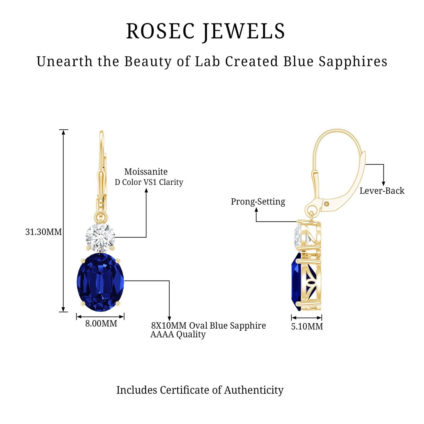 Certified Lab Grown Blue Sapphire and Moissanite Drop Dangle Earrings