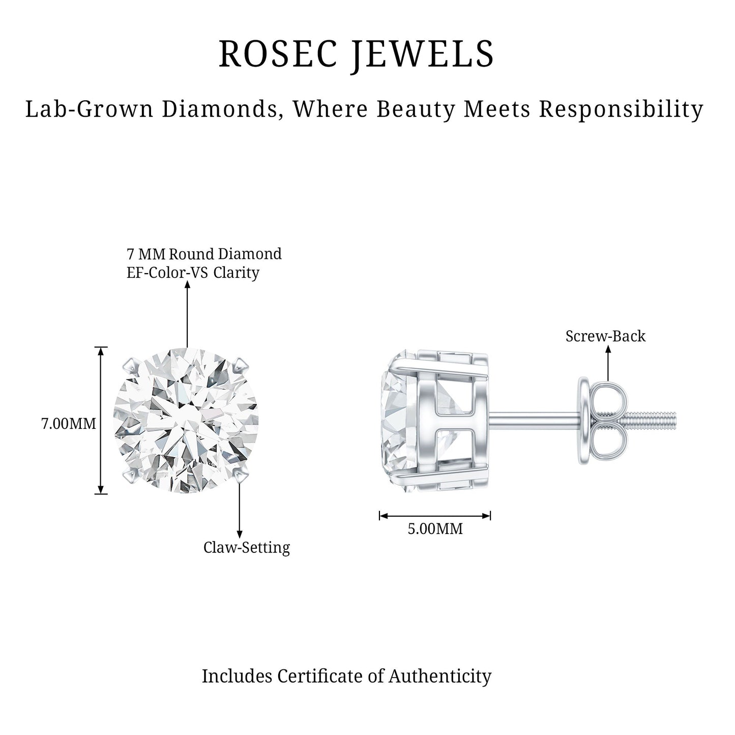 Round Cut 2.5 CT Lab Grown Diamond Solitaire Stud Earrings