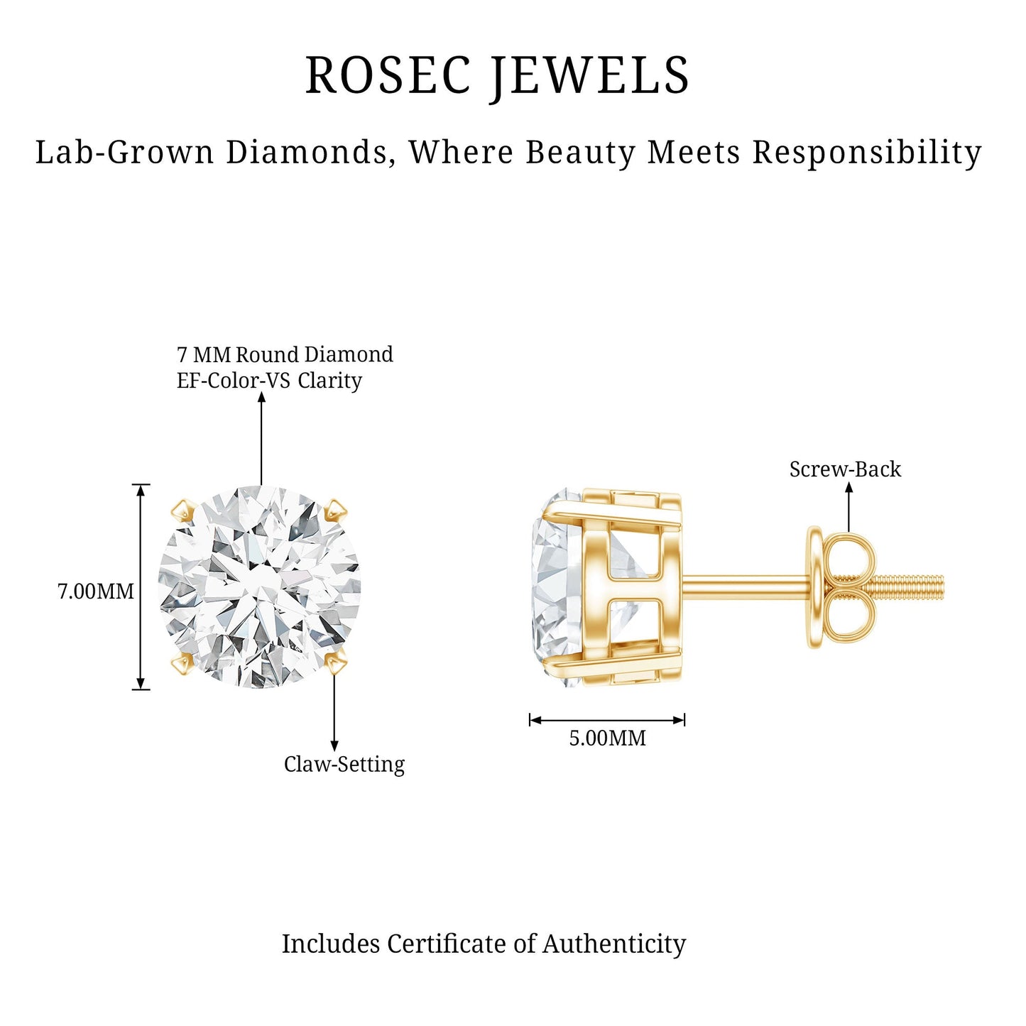 Round Cut 2.5 CT Lab Grown Diamond Solitaire Stud Earrings