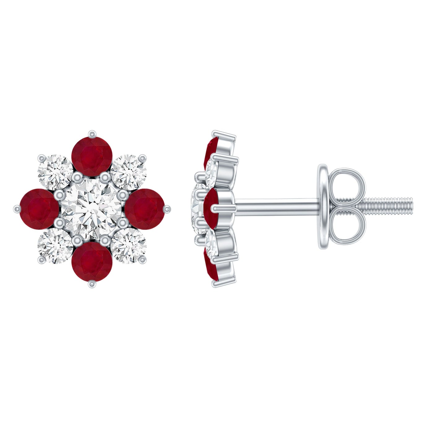 Real Diamond and Ruby Floral Stud Earrings