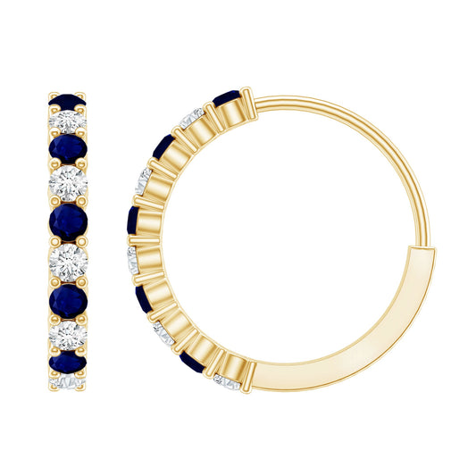 Round Blue Sapphire and Diamond Hinged Hoop Earrings with Certificate