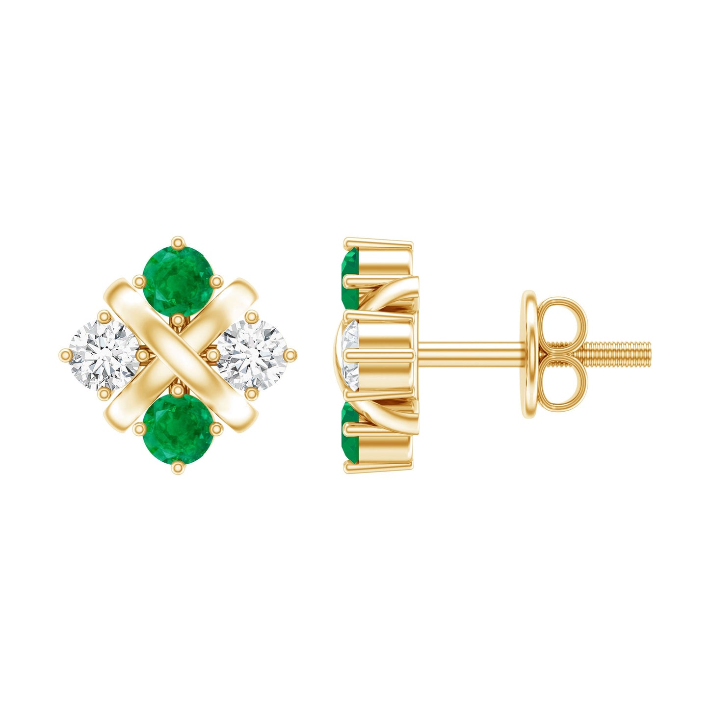 Certified Emerald and Lab Diamond Cluster Stud Earrings