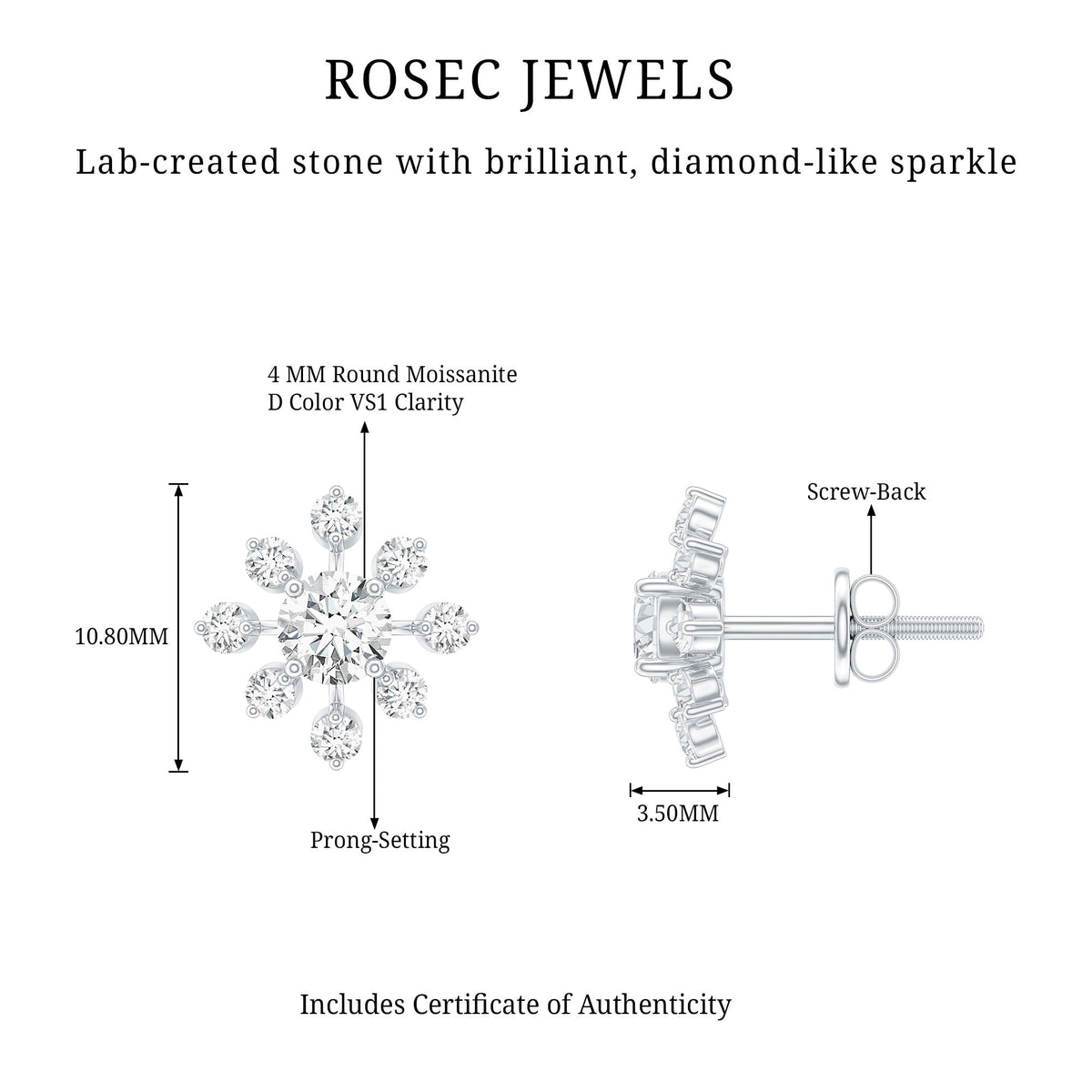 Moissanite Snowflake Stud Earrings with Certificate