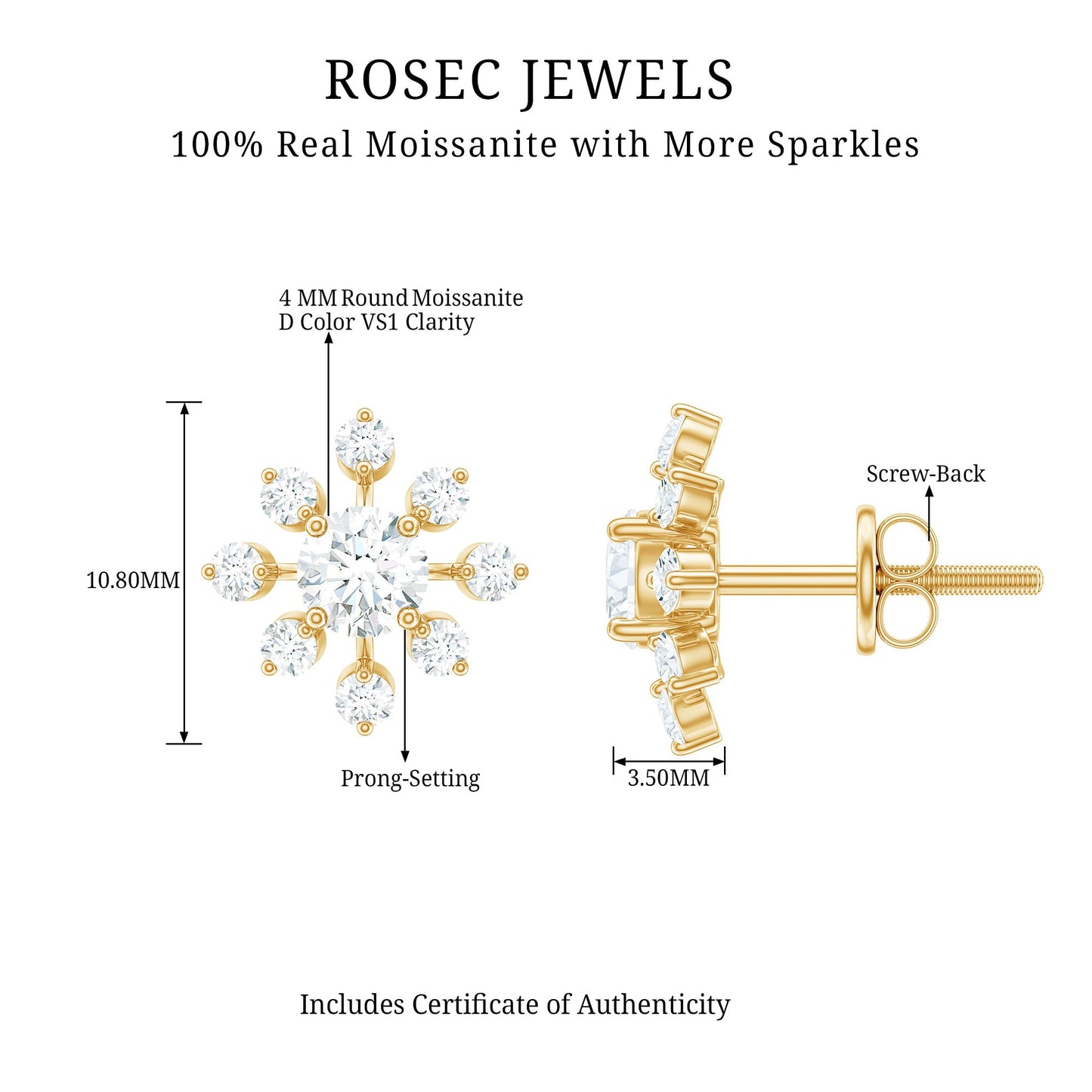 Moissanite Snowflake Stud Earrings with Certificate