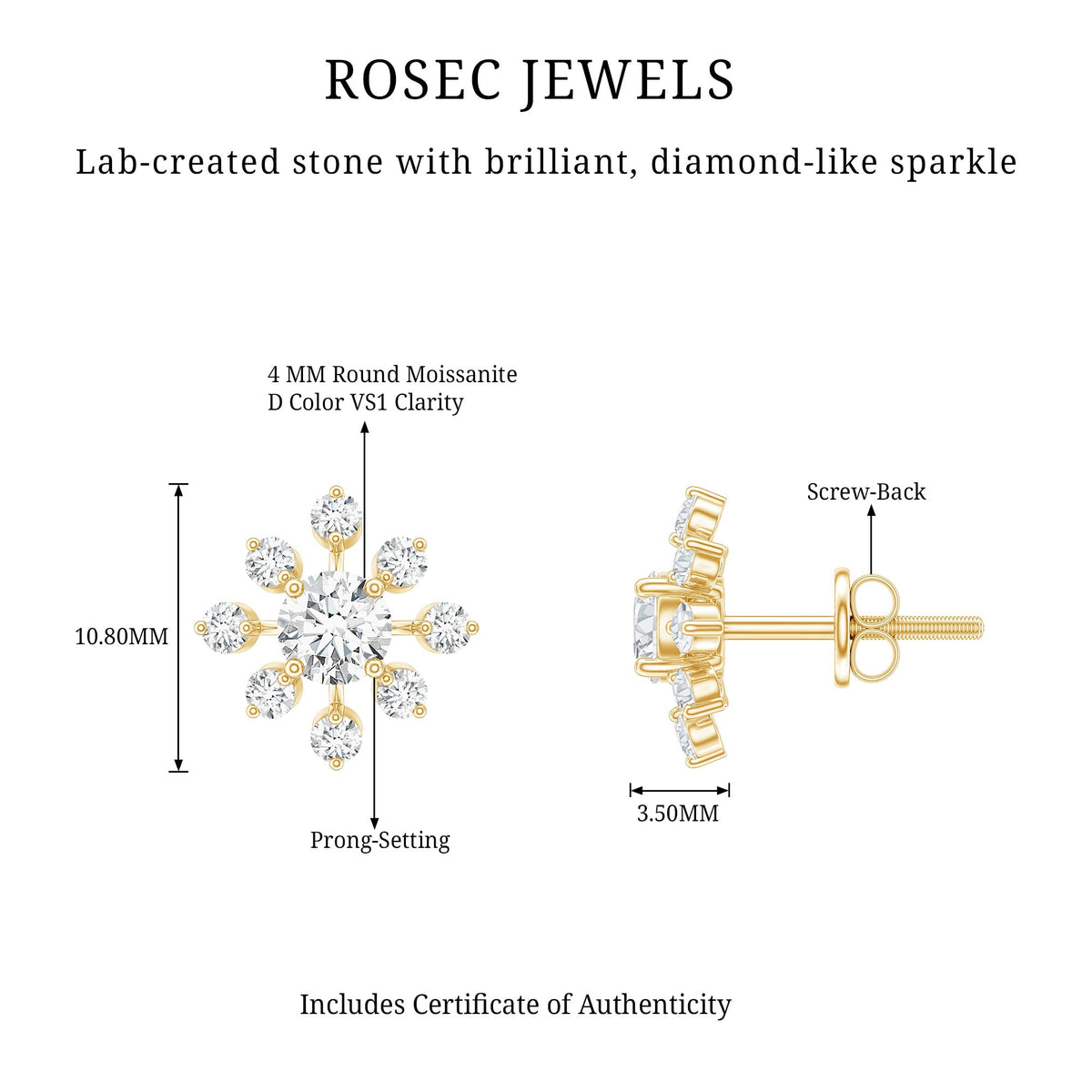 Moissanite Snowflake Stud Earrings with Certificate