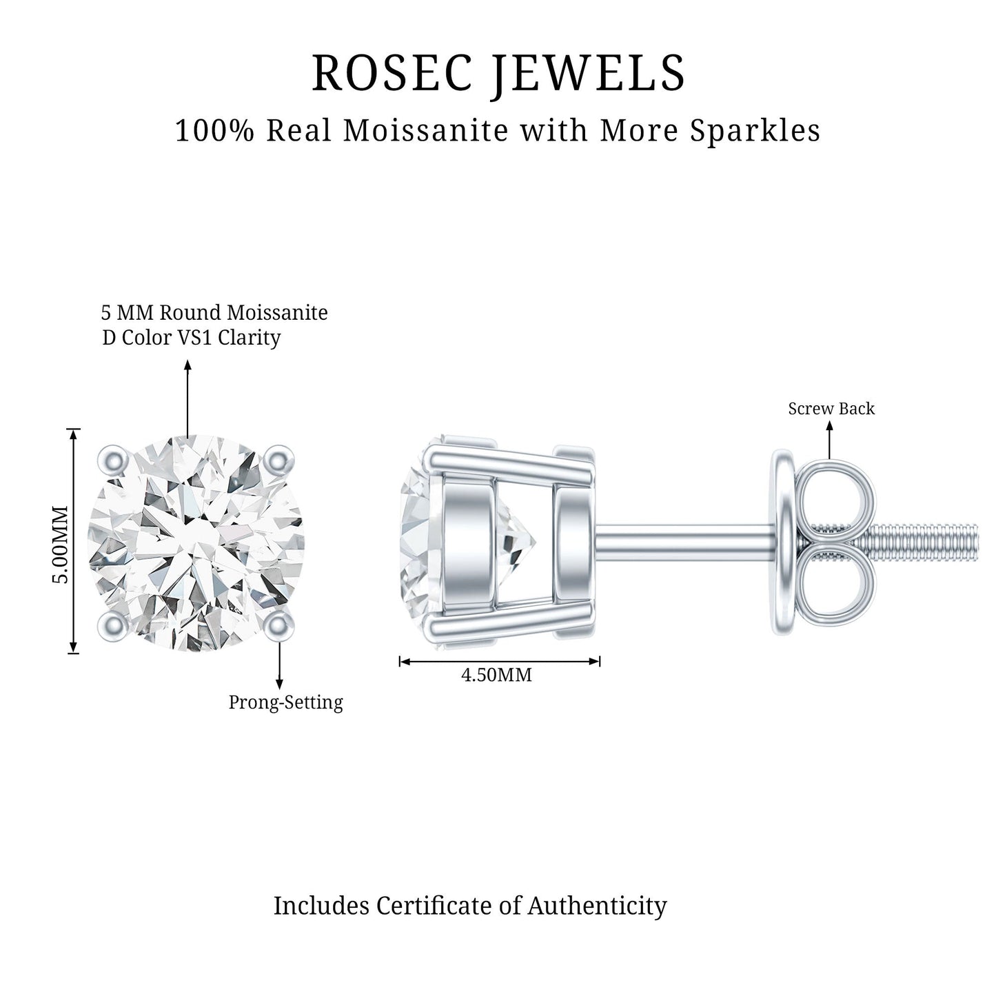 Silver Moissanite 1 Carat Stud Earring