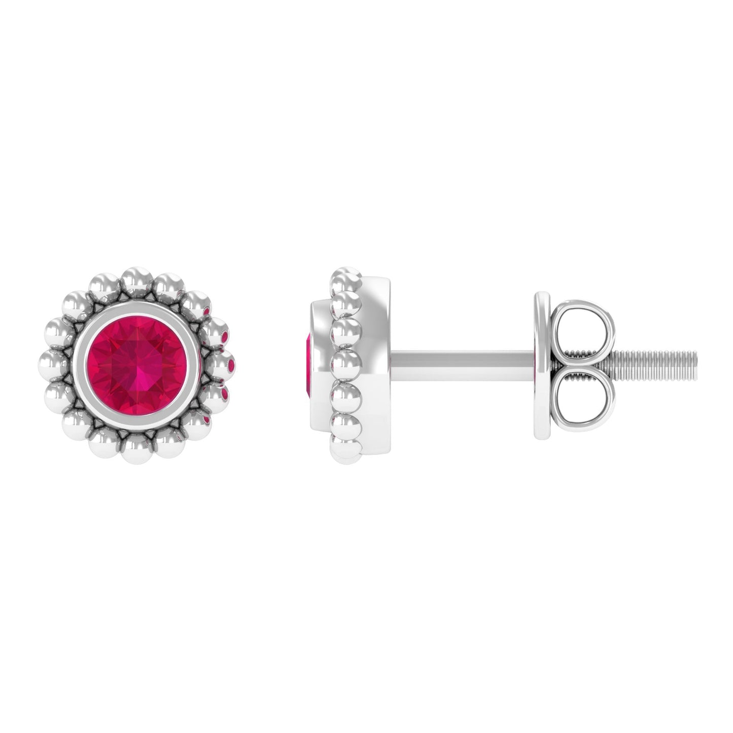 0.5 Carat Solitaire Ruby Stud Earrings in Beaded Bezel Setting