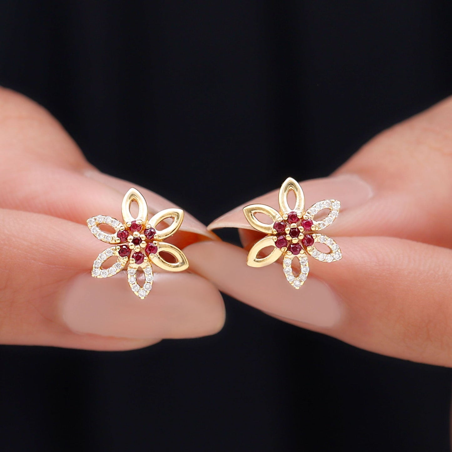 Natural Ruby Floral Stud Earrings with Diamond Stones