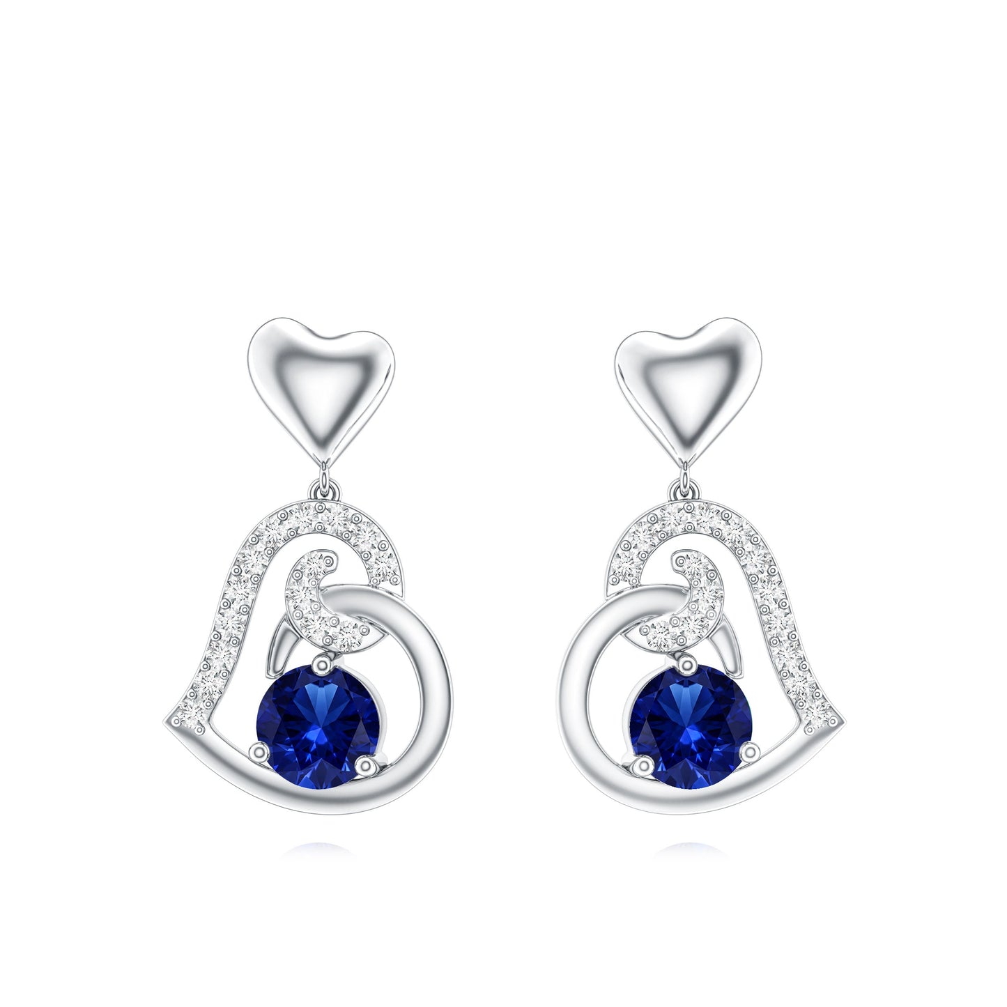 Created Blue Sapphire and Diamond Heart Drop Earrings