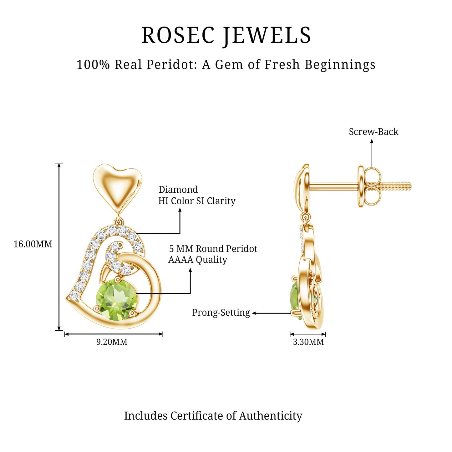 Solitaire Peridot Heart Drop Earrings with Diamond Accent