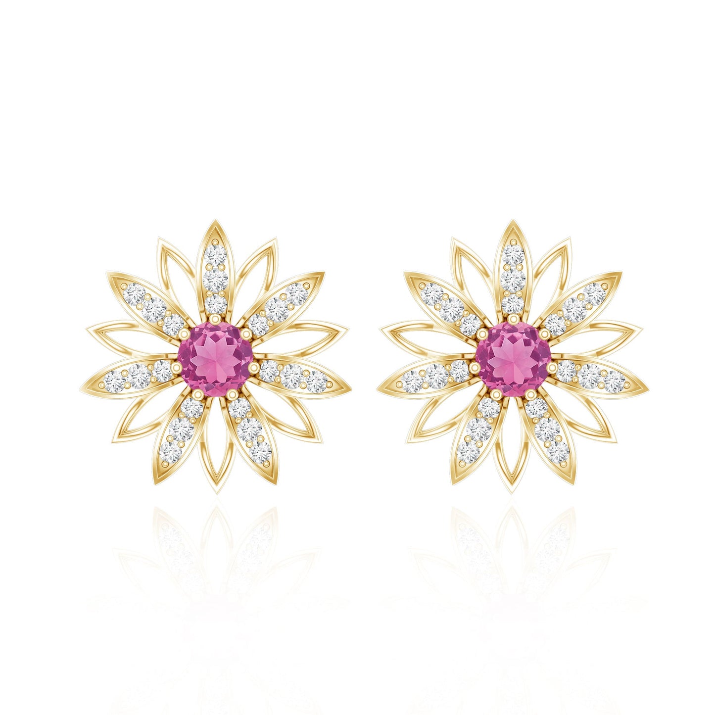 Round Pink Tourmaline Flower Stud Earrings with Diamond