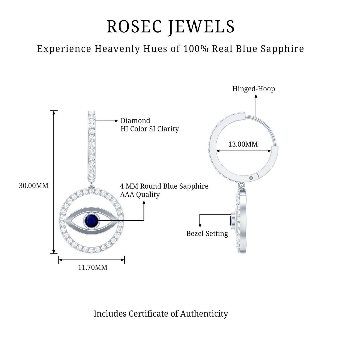 Real Blue Sapphire and Diamond Evil Eye Hoop Drop Earrings