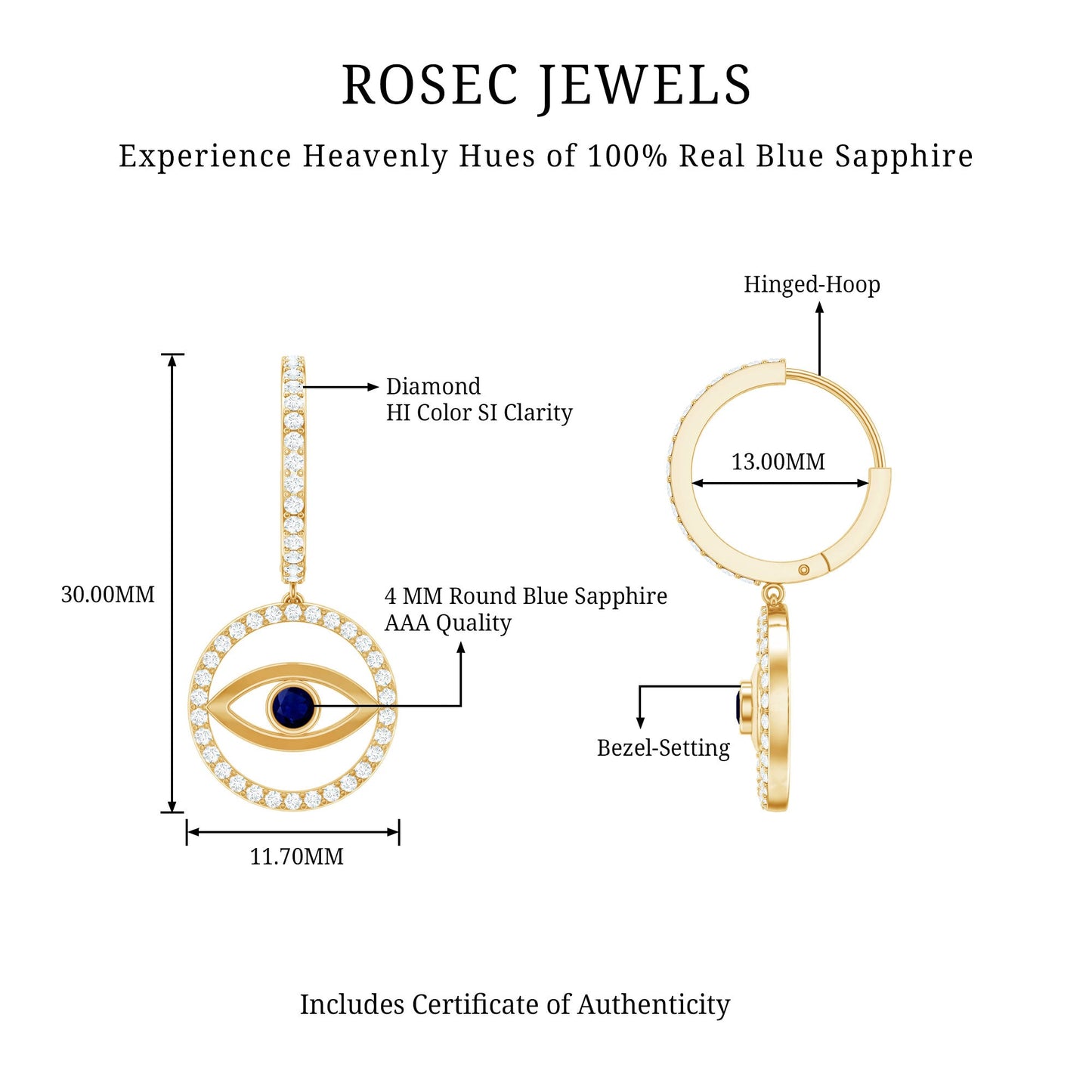 Real Blue Sapphire and Diamond Evil Eye Hoop Drop Earrings