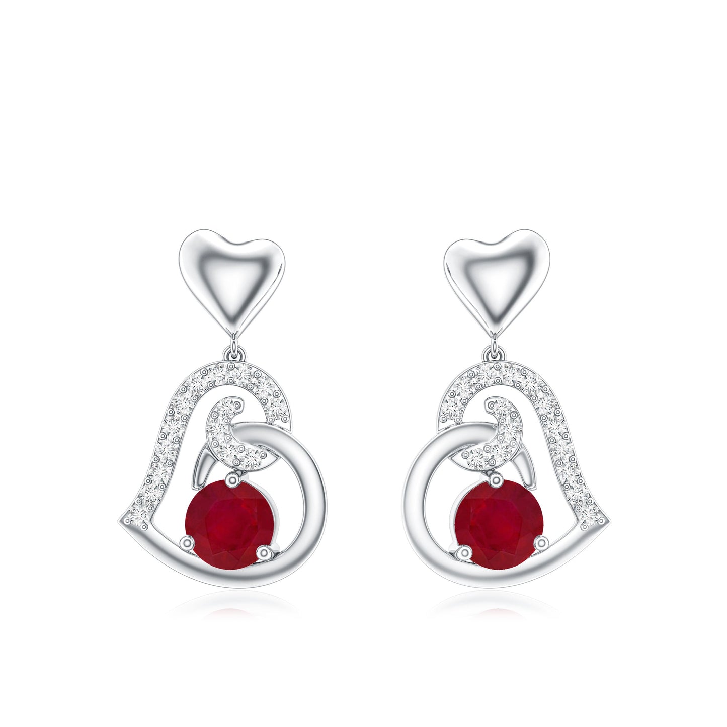 Round Ruby Heart Drop Earring with Diamond Accent