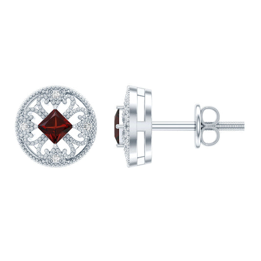 Vintage Inspired Garnet Stud Earrings with Diamond in Silver