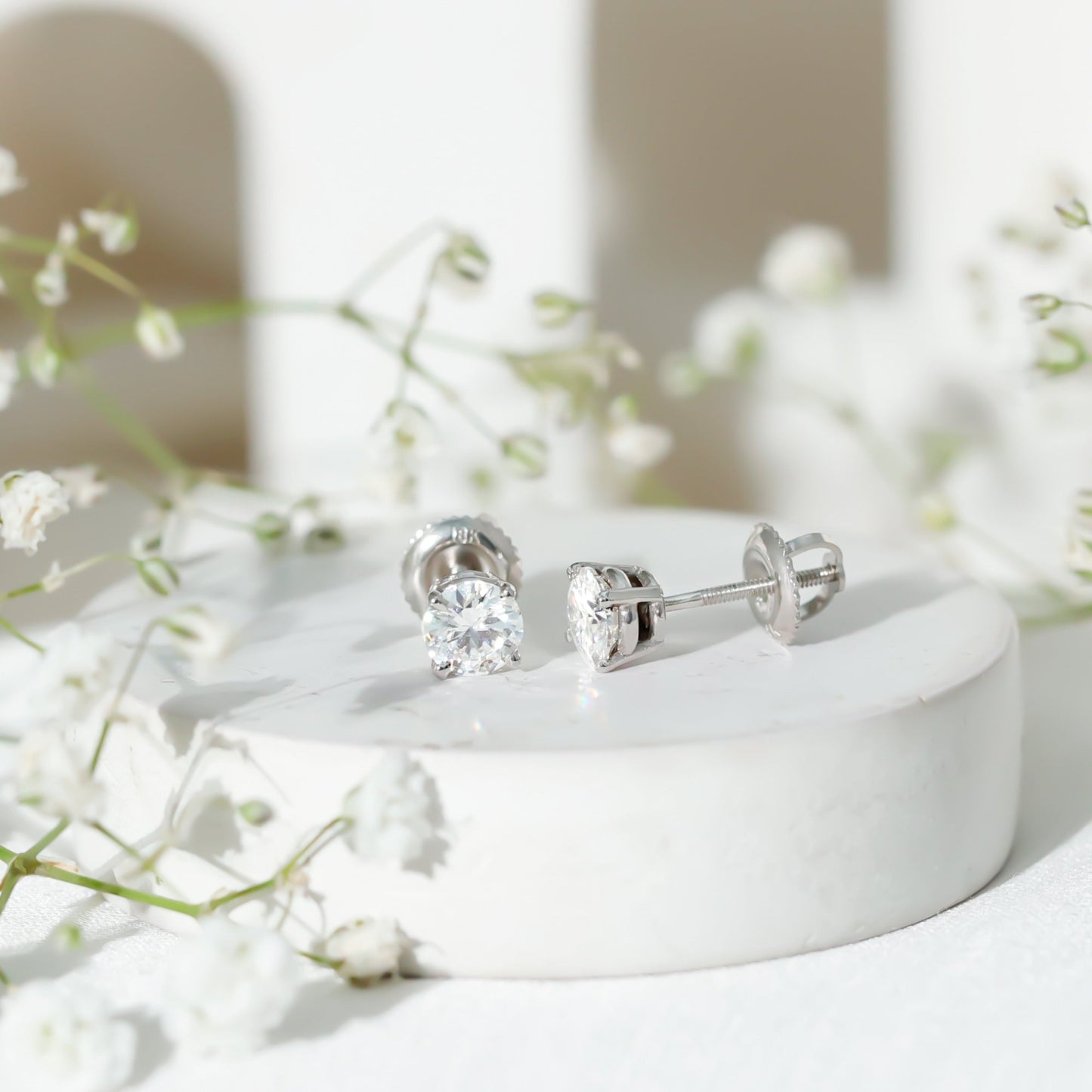 Round Moissanite 1 Carat Stud Earrings with Screw Back