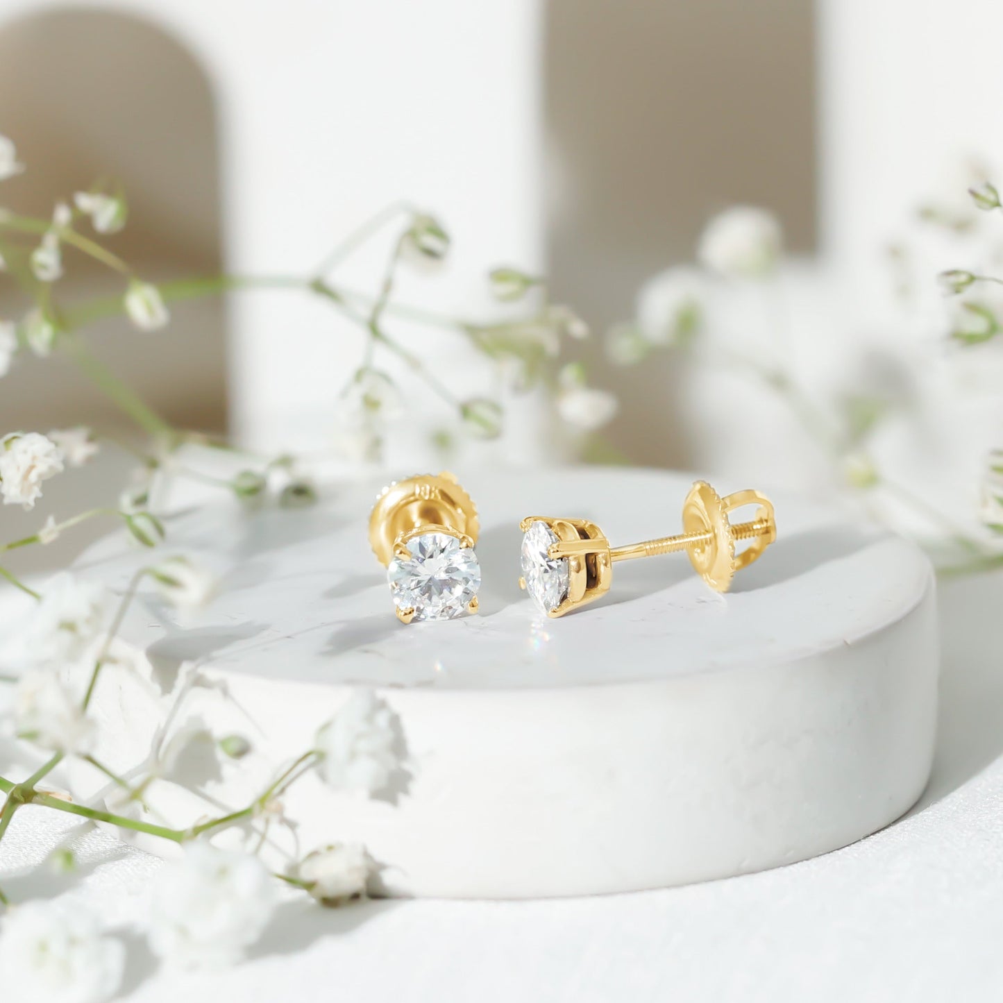 Round Moissanite 1 Carat Stud Earrings with Screw Back
