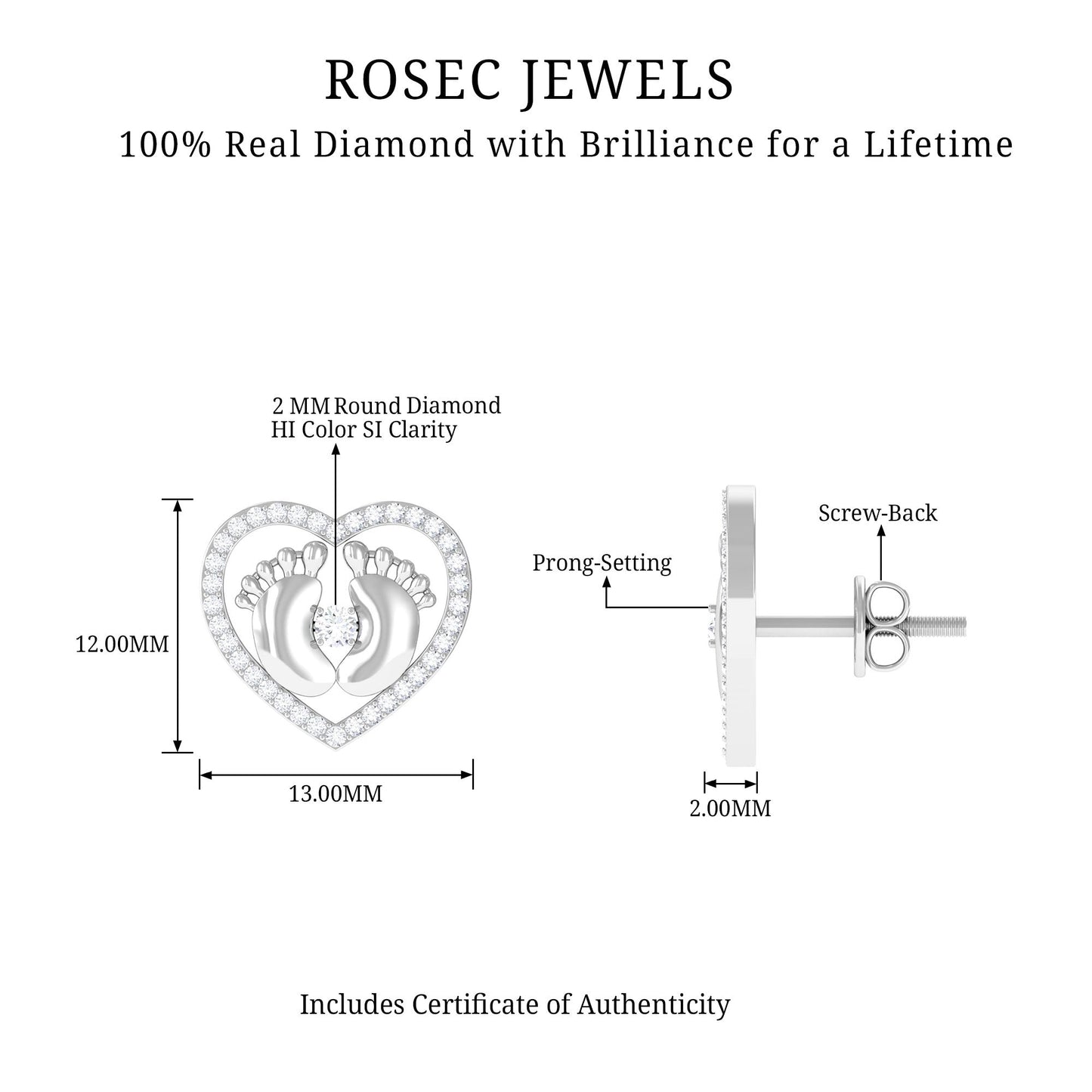 Diamond Heart Stud Earrings with Baby Feet