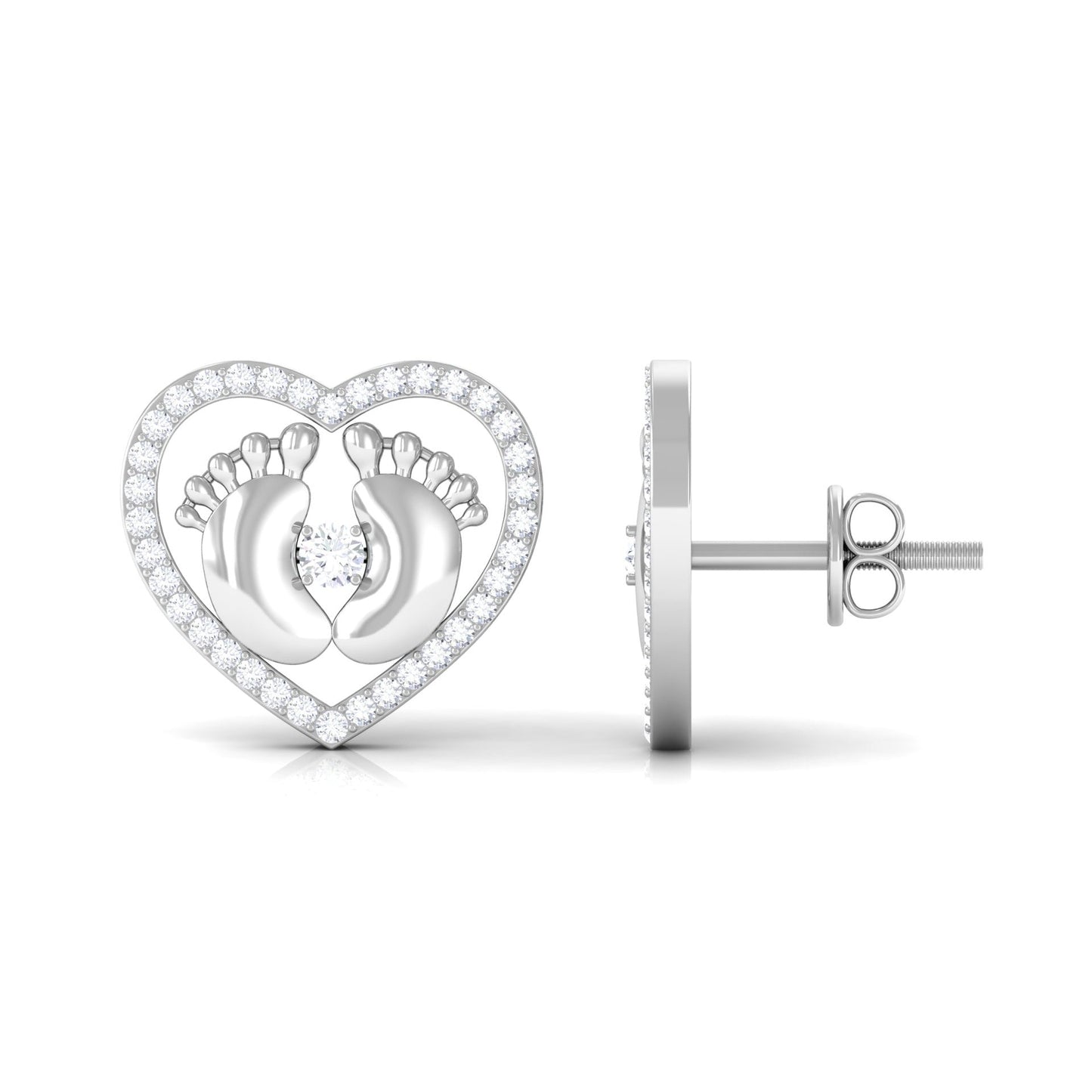 Diamond Heart Stud Earrings with Baby Feet