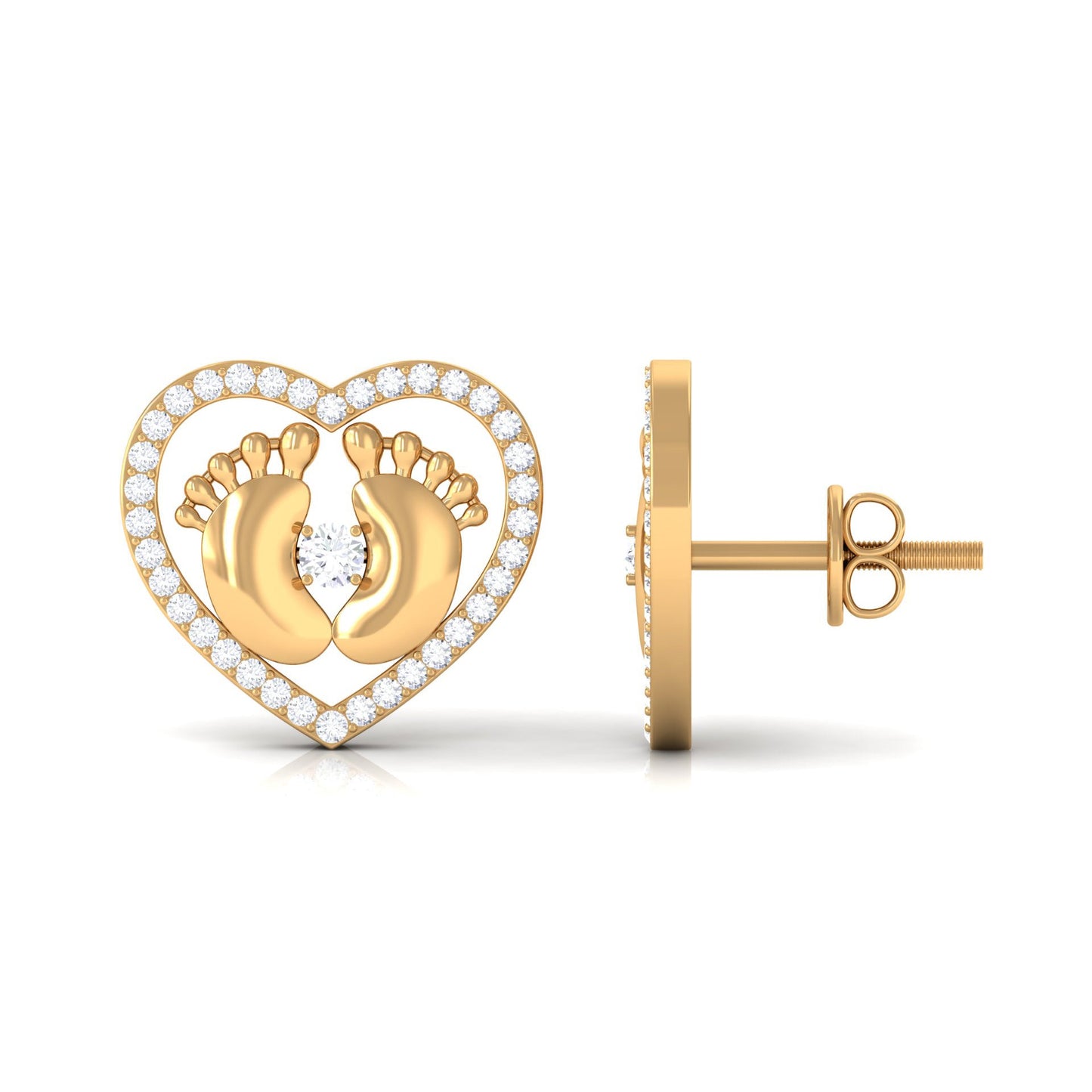 Diamond Heart Stud Earrings with Baby Feet