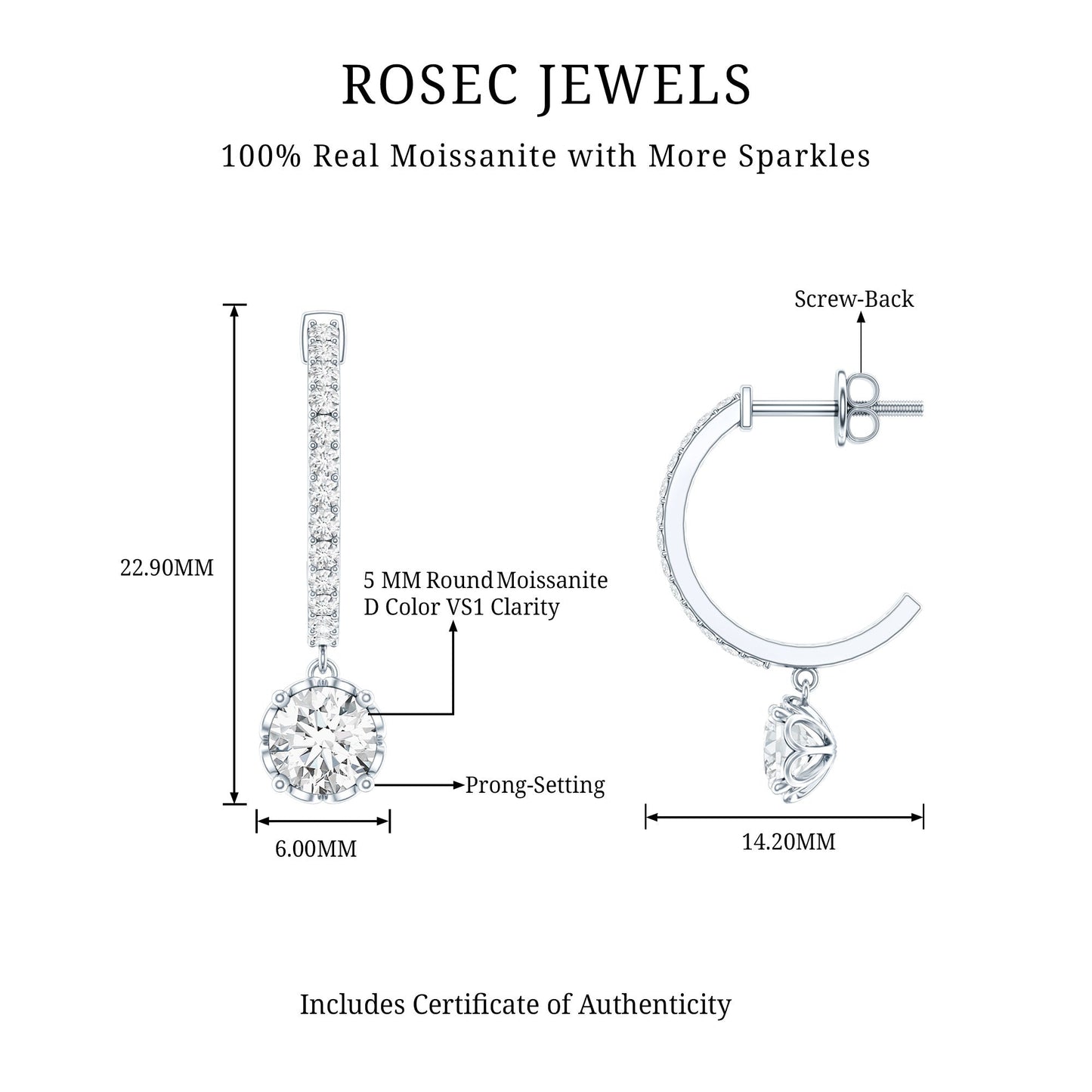 Sterling Silver Moissanite Hoop Drop Earrings for Women