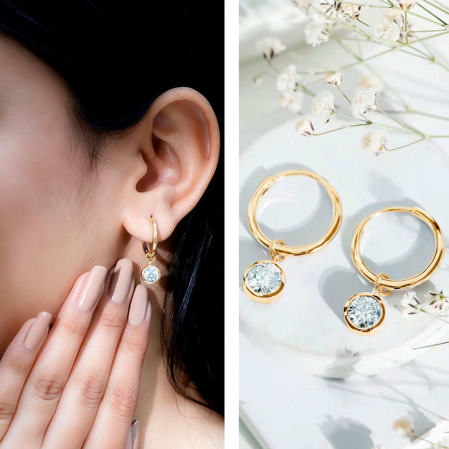 Bezel Set Moissanite and Hinged Hoop Earrings