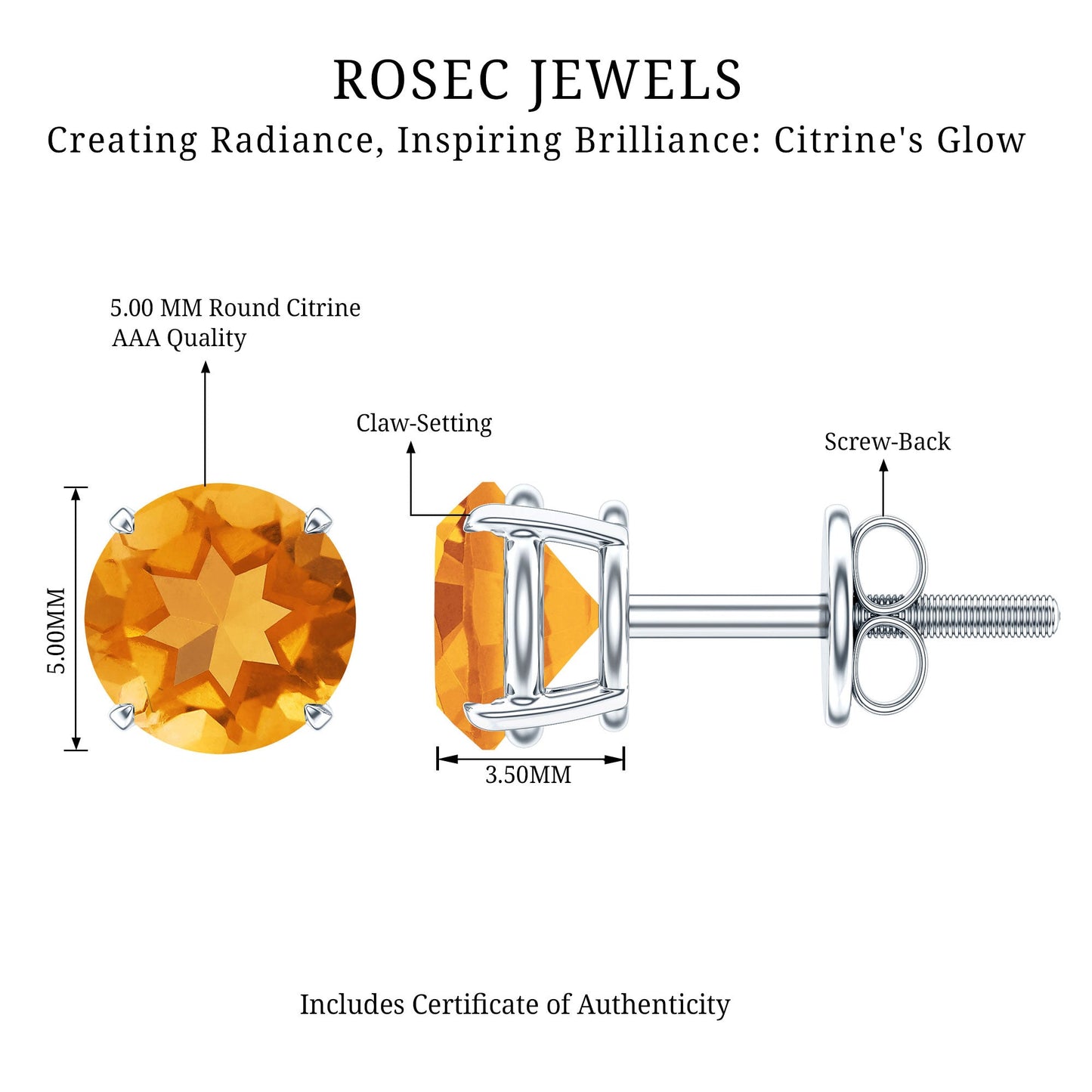 1 CT Round Cut Citrine Solitaire Stud Earrings with Certificate
