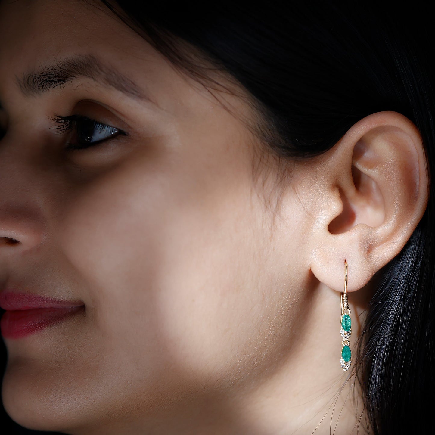 Marquise Cut Emerald Dangle Earrings with Diamond